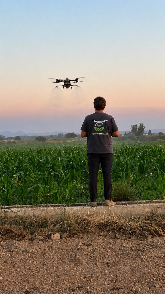 Miguel Rodríguez de espaldas, con la camiseta de AgroFertiLiza, controlando el dron mientras aplica un tratamiento sobre un maizal al atardecer